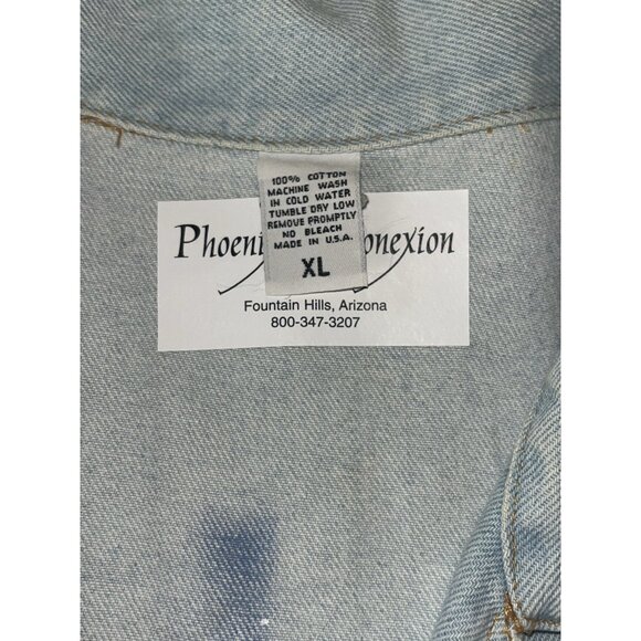 Denim Fringed Jacket XL Southwestern Painted Cotton Open Front Whimsiegoth Hip - Picture 10 of 13